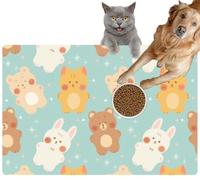 Pet Cat Dog Food Mat for Water Bowl Placemat for Sloppy Drinkers Cute Bear Rabbit and Cat Blue Hand Drawn Spring Summer Textiles Banner Absorbent Rubber Back Feeding Mat for Floor Indoor 24x36in