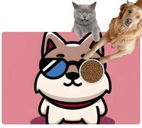 Pet Cat Dog Food Mat for Water Bowl Placemat for Sloppy Drinkers Cute Cartoon Kawaii Chibi Dog Sunglasses Absorbent Rubber Back Feeding Mat for Floor Indoor 20x31in