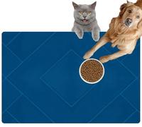 Pet Cat Dog Food Mat for Water Bowl Placemat for Sloppy Drinkers Dark Phantom Blue Abstract Grunge Square Rhombus Diamond Herringbone Absorbent Rubber Back Feeding Mat for Floor Indoor 20x31in
