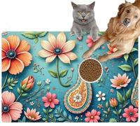 Pet Cat Dog Food Mat for Water Bowl Placemat for Sloppy Drinkers Delicate Paisley Stylized Floral Soft Color Palette Art Nature Absorbent Rubber Back Feeding Mat for Floor Indoor 20x31in
