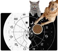 Pet Cat Dog Food Mat for Water Bowl Placemat for Sloppy Drinkers Esoteric Witch Wizard Hands Doing Tricks Celestial Signs Split Day and Absorbent Rubber Back Feeding Mat for Floor Indoor 20x31in