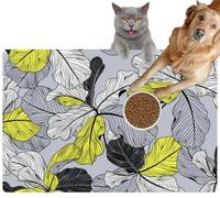 Pet Cat Dog Food Mat for Water Bowl Placemat for Sloppy Drinkers Floral Fiddle Leaf fig Grey line Art Ink Drawing Yellow and Black Tone Absorbent Rubber Back Feeding Mat for Floor Indoor 20x31in