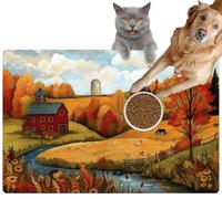 Pet Cat Dog Food Mat for Water Bowl Placemat for Sloppy Drinkers Folk Art Farmhouse: A Cozy Autumn Scene Absorbent Rubber Back Feeding Mat for Floor Indoor 20x31in