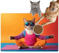 Pet Cat Dog Food Mat for Water Bowl Placemat for Sloppy Drinkers Funny Cat Wearing Sunglasses Doing Yoga Mat Absorbent Rubber Back Feeding Mat for Floor Indoor 20x31in
