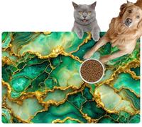 Pet Cat Dog Food Mat for Water Bowl Placemat for Sloppy Drinkers Green and Gold Abstract Marble Luxury Liquid Paint Absorbent Rubber Back Feeding Mat for Floor Indoor 20x31in