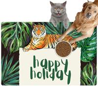 Pet Cat Dog Food Mat for Water Bowl Placemat for Sloppy Drinkers Greeting Invitation Card Template Realistic Tiger The Tropical Leaf Absorbent Rubber Back Feeding Mat for Floor Indoor 24x36in
