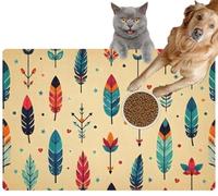 Pet Cat Dog Food Mat for Water Bowl Placemat for Sloppy Drinkers Hand Drawn Boho Style Feathers Arrows and Geometric Tribal Symbols pas Absorbent Rubber Back Feeding Mat for Floor Indoor 24x36in