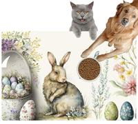 Pet Cat Dog Food Mat for Water Bowl Placemat for Sloppy Drinkers Happy Easter Rabbit Spring Flowers and Colored Easter Eggs Copy Space Absorbent Rubber Back Feeding Mat for Floor Indoor 20x31in