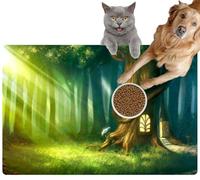 Pet Cat Dog Food Mat for Water Bowl Placemat for Sloppy Drinkers Magical Fantasy Fairy Tale Scenery Tree House at Night a Forest Absorbent Rubber Back Dish Eating Feeding Mat for Floor Indoor