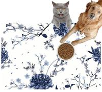 Pet Cat Dog Food Mat for Water Bowl Placemat for Sloppy Drinkers Monotone Blue Oriental Summer Garden Flower Blooming Botanical and Absorbent Rubber Back Feeding Mat for Floor Indoor 20x31in