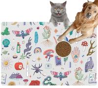 Pet Cat Dog Food Mat for Water Bowl Placemat for Sloppy Drinkers Mystical Nature Objects Animals Absorbent Rubber Back Feeding Mat for Floor Indoor 20x31in