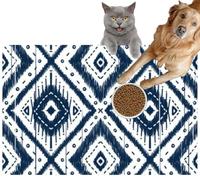 Pet Cat Dog Food Mat for Water Bowl Placemat for Sloppy Drinkers Navy Indigo Blue Diamond White Geometric Ethnic Oriental Traditional Absorbent Rubber Back Feeding Mat for Floor Indoor 24x36in