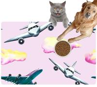 Pet Cat Dog Food Mat for Water Bowl Placemat for Sloppy Drinkers Passenger Planes and Clouds a Pink Watercolor Hand Drawn Designed Fly Absorbent Rubber Back Feeding Mat for Floor Indoor 24x36in
