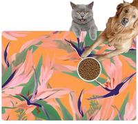 Pet Cat Dog Food Mat for Water Bowl Placemat for Sloppy Drinkers Pink Orange Flower Trendy Tropical Colorful Jungle Leaf Generative Absorbent Rubber Back Feeding Mat for Floor Indoor 20x31in