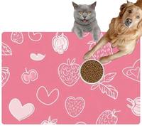 Pet Cat Dog Food Mat for Water Bowl Placemat for Sloppy Drinkers Pink White line Drawing Berries and Hearts a Pink a Flat Cute and mini Absorbent Rubber Back Feeding Mat for Floor Indoor 24x36in