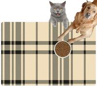 Pet Cat Dog Food Mat for Water Bowl Placemat for Sloppy Drinkers Plaid Asymmetric Gold and Grey Check Plaid Flannel Shirt Scarf Blanket Absorbent Rubber Back Feeding Mat for Floor Indoor 24x36in