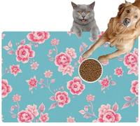 Pet Cat Dog Food Mat for Water Bowl Placemat for Sloppy Drinkers Plaster Intricate Floral Patterns Shades Blue and Pink Floral Absorbent Rubber Back Feeding Mat for Floor Indoor 24x36in