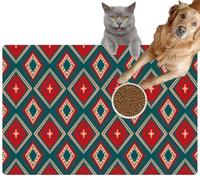 Pet Cat Dog Food Mat for Water Bowl Placemat for Sloppy Drinkers Red and Orange Diamond Blue Teal Geometric Ethnic Oriental Traditional Absorbent Rubber Back Feeding Mat for Floor Indoor 20x31in