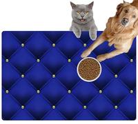 Pet Cat Dog Food Mat for Water Bowl Placemat for Sloppy Drinkers Royal Blue Gold Buttons Leather Velvet Vintage Luxury Upholstery Golde Absorbent Rubber Back Feeding Mat for Floor Indoor 24x36in