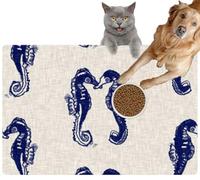Pet Cat Dog Food Mat for Water Bowl Placemat for Sloppy Drinkers Seahorse Linen Indigo Blue Ecru Jute Fabric Effect Nautical Beach Absorbent Rubber Back Feeding Mat for Floor Indoor 20x31in