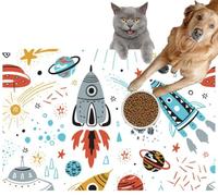 Pet Cat Dog Food Mat for Water Bowl Placemat for Sloppy Drinkers Space Kids Cartoon Rockets Planets Stars Comets Absorbent Rubber Back Feeding Mat for Floor Indoor 20x31in