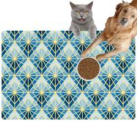 Pet Cat Dog Food Mat for Water Bowl Placemat for Sloppy Drinkers Stained Glass Diamond Geometric Blue and Gold Absorbent Rubber Back Feeding Mat for Floor Indoor 24x36in