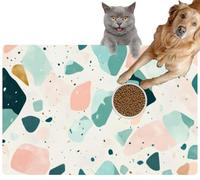 Pet Cat Dog Food Mat for Water Bowl Placemat for Sloppy Drinkers Terrazzo Showing Colorful Stone Fragments Light Absorbent Rubber Back Feeding Mat for Floor Indoor 20x31in