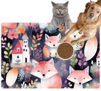 Pet Cat Dog Food Mat for Water Bowl Placemat for Sloppy Drinkers Textile Little Meadow Animals Cute Nursery Cute Wild Flowers Fabric Absorbent Rubber Back Feeding Mat for Floor Indoor 24x36in