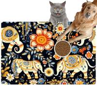 Pet Cat Dog Food Mat for Water Bowl Placemat for Sloppy Drinkers Thai Elephants and Flowers Absorbent Rubber Back Feeding Mat for Floor Indoor 24x36in