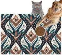 Pet Cat Dog Food Mat for Water Bowl Placemat for Sloppy Drinkers Thai Ikat Paisley Geometric Ethnic Oriental Traditional Aztec Style Absorbent Rubber Back Feeding Mat for Floor Indoor 24x36in