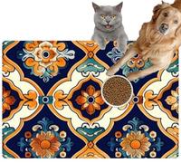 Pet Cat Dog Food Mat for Water Bowl Placemat for Sloppy Drinkers Thai Pottery Patterns Cultural Designs Flat Absorbent Rubber Back Feeding Mat for Floor Indoor 24x36in