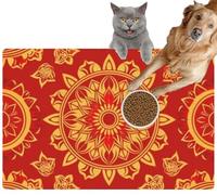 Pet Cat Dog Food Mat for Water Bowl Placemat for Sloppy Drinkers Thai Sun Patterns Intricate Designs Flat Absorbent Rubber Back Feeding Mat for Floor Indoor 24x36in