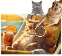 Pet Cat Dog Food Mat for Water Bowl Placemat for Sloppy Drinkers The cat is Vacation at sea Resting and Enjoying Life Lying a Sun Loung Absorbent Rubber Back Feeding Mat for Floor Indoor 20x31in