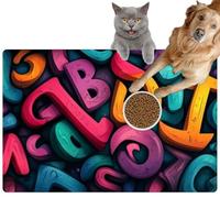 Pet Cat Dog Food Mat for Water Bowl Placemat for Sloppy Drinkers Vibrant 3D Alphabet Medley: A Colorful Chaos Letters and Numbers Absorbent Rubber Back Feeding Mat for Floor Indoor 24x36in