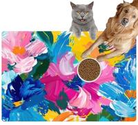 Pet Cat Dog Food Mat for Water Bowl Placemat for Sloppy Drinkers Vibrant Flowers and Leaves Bloom amidst Abstract Brushstrokes This Absorbent Rubber Back Feeding Mat for Floor Indoor 24x36in