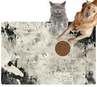 Pet Cat Dog Food Mat for Water Bowl Placemat for Sloppy Drinkers Vintage Black and White Newspaper Print Textured Abstract Absorbent Rubber Back Feeding Mat for Floor Indoor 20x31in