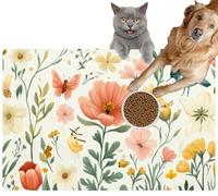 Pet Cat Dog Food Mat for Water Bowl Placemat for Sloppy Drinkers Whimsical Floral Garden: Butterflies Birds and Blooming Flowers Absorbent Rubber Back Feeding Mat for Floor Indoor 24x36in