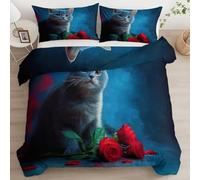 Pet Cat Single Duvet Cover Sets Soft Microfiber Red Roses Bedding Set 3D Printed Quilt Cover 150 x 200 cm with Zipper Closure and 2 Pillowcases a-21