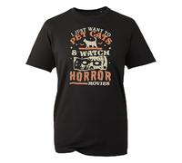 Pet Cats and Horror Movies T-Shirt, Cute Halloween Night Cozy Vibes Funny Cat Lover Spooky Shirt (Black, 12 Years)