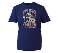 Pet Cats and Horror Movies T-Shirt, Cute Halloween Night Cozy Vibes Funny Cat Lover Spooky Shirt (Navy, M Years)