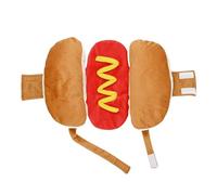 Pet clothing category product title for fall/winter and Halloween humorous dog costume that showcases a playful hot dog design for (Yellow, S)