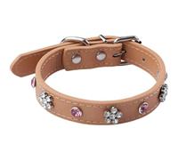 Pet Collar, Khaki Rhinestone Flower Cat Neck Chain Necklace, 2.0 cm Wide PU Leather with Heavy Duty Alloy Buckle, Adjustable 11.0-14.2 in Neck Girth, for Small Dog and Cat, Cute Daily Wear
