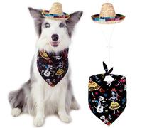 Pet Costume Set Halloween Dia de Los Muertos Day of The Dead for Dogs Cats Cosplay, Dog Rainbow Straw Hat Bandana Scarf Hippie Costume Cosplay Accessories for Puppy Cat Pet Holiday Party Decoration