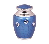 Pet Cremation Urn for Ashes with Paw Print Memorial Design, Solid Brass Handcrafted Vessel, Secure Top Lid, Keeps Remains Safe for Dogs Cats (6 Inch Blue)