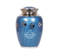 Pet Cremation Urn for Ashes with Paw Print Memorial Design, Solid Brass Handcrafted Vessel, Secure Top Lid, Keeps Remains Safe for Dogs Cats (6 Inch Blue- Text Engraved)
