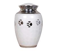 Pet Cremation Urn for Ashes with Paw Print Memorial Design, Solid Brass Handcrafted Vessel, Secure Top Lid, Keeps Remains Safe for Dogs Cats (8 Inch White)