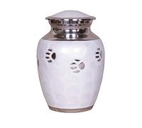 Pet Cremation Urn for Ashes with Paw Print Memorial Design, Solid Brass Handcrafted Vessel, Secure Top Lid, Keeps Remains Safe for Dogs Cats (6 Inch White)