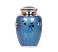Pet Cremation Urn for Ashes with Paw Print Memorial Design, Solid Brass Handcrafted Vessel, Secure Top Lid, Keeps Remains Safe for Dogs Cats (8 Inch Blue)
