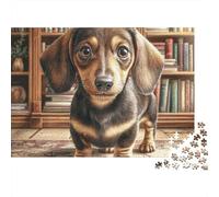 Pet Dog 1000 Pieces Jigsaw Puzzles Engaging Home Decoration Dachshund in Library Jigsaw Puzzles Home Decoration for Adults & Families 52x38cm/1000pcs