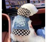 Pet Dog and cat Clothing Source Factory, Spring and Autumn Casual Denim Jacket, Two-Legged Clothing (Plaid Star Denim Shirt - Brown and White, Small)